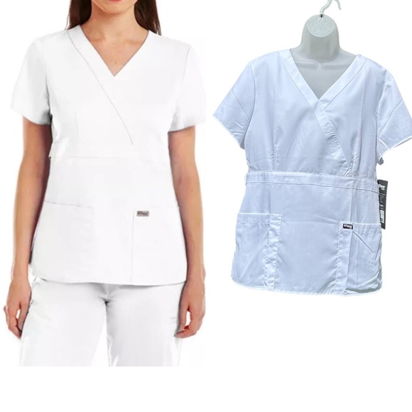 Grey's Anatomy Tops - GREY'S ANATOMY Barco Womens Sz XL  White 3 Pocket Mock Wrap Style 4153 Scrub Top